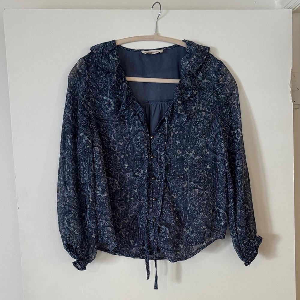 Lucky Brand Navy Blouse with Floral Accents